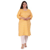 Yellow capsule straight kurti with designer print, 3/4th sleeve, round neck, side slit, and buttons - women's office wear on hanger